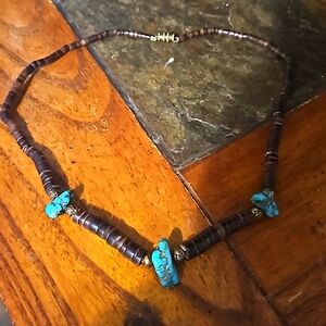 Vintage Navajo Beaded Necklace with Brown Heishi and Turquoise